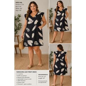 Title: Noracora Leaf Print Ruffle Sleeve Dress XXL Black Cream MSRP $49